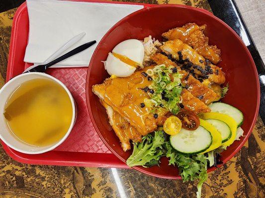 Chicken katsu rice bowl with miso soup