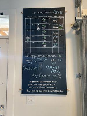 Happy hour menu and event calendar