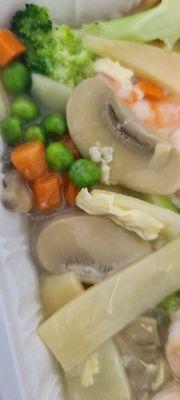 "Prawns with Lobster Sauce"- and canned carrots, peas, mushrooms & bamboo shoots