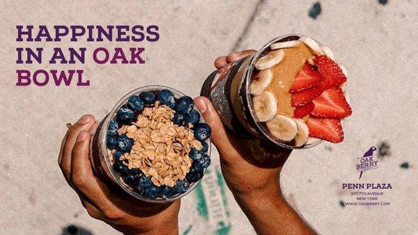 OAKBERRY boosts nutrients, vitality. Order customized bowls at Penn Plaza via Seamless, Grubhub, Doordash, Postmates, UberEats, Caviar.