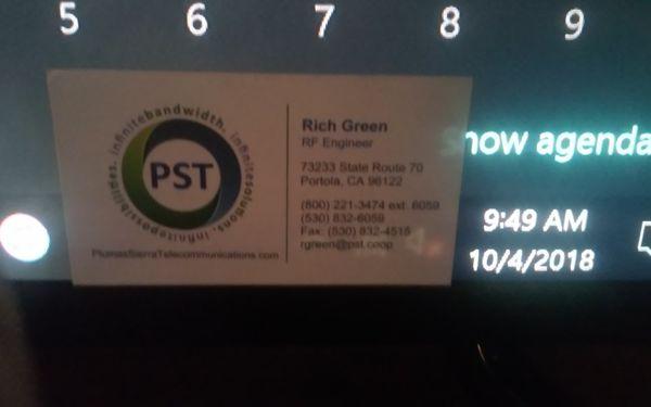 PST tech Rich Green's business card.