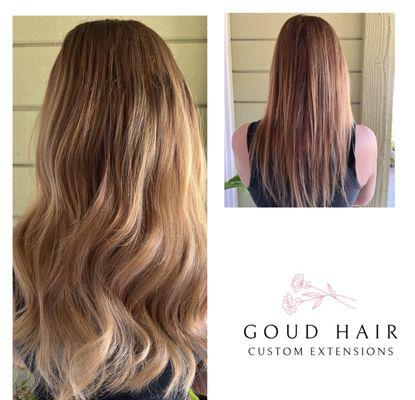 2 rows of Goud Hair weft extensions installed via the NSBW method for added fullness and length that gives a natural, beautiful look!