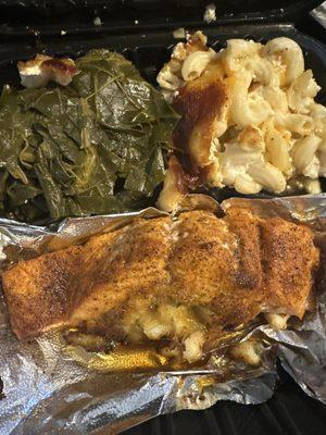 Collard greens, Macc and cheese and stuffed Honey Glaze Stuffed Salmon