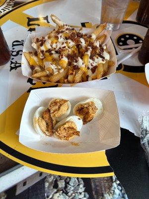 Bacon ranch fries and their speciality deviled eggs!