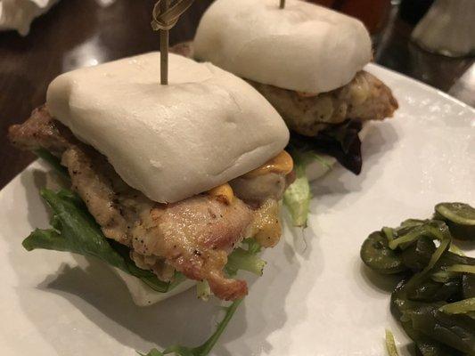 NEWDLE BUNS $9   Two steamed Asian style sliders with grilled chicken, spicy mayo and lettuce.  Everything about these was amazing!