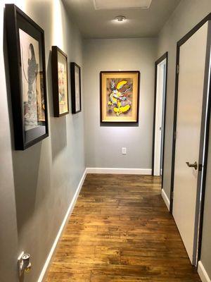 Hallway entrance to our treatment rooms filled with beautiful paintings.