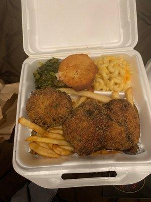 Croquettes with spicy greens, sweet potatoes, and corn muffin