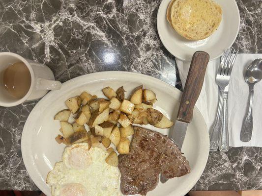 Steak and eggs.