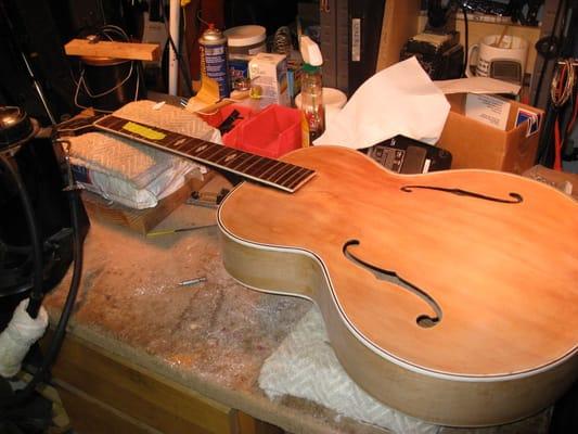 1935 Epiphone Triumph in need of full restoration, including neck reset, new top, neck, and headstock binding, and paint.