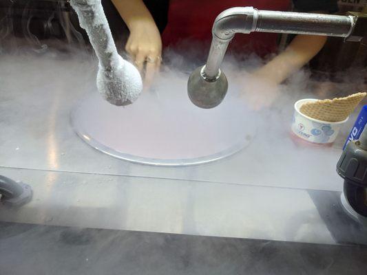 They blast the liquid with Liquid Nitrogen