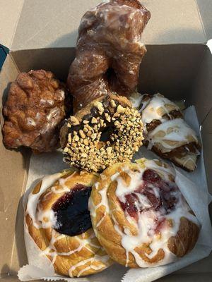 Apple Fritter, Cherry & Blueberry Danish,  Peanut Donut, Yum Yum Donut, Almond Croissant