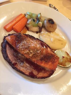 Salmon. Potato Gratin. Vegetables