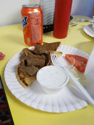 Kids "gyro" with sauce and onions on the side.