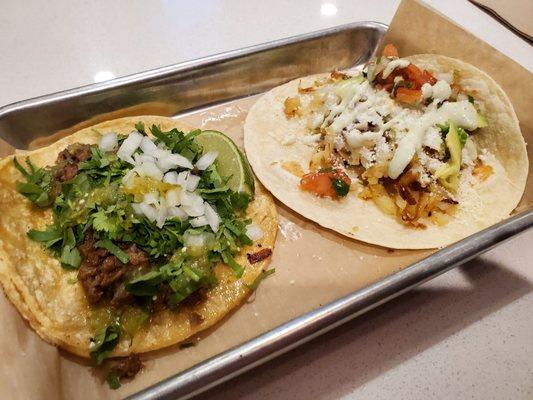 "Authentic" taco with steak and "Veggie Avocado" taco