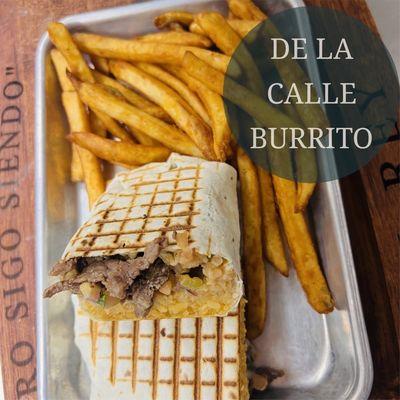 De la calle burrito / 10 inch flour tortilla stuffed with beans, rice, onions, cilantro with your choice of meat