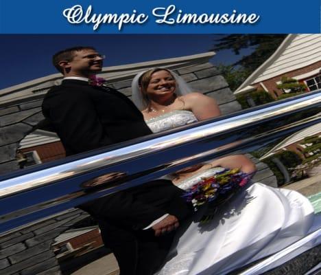 Reflection of a wedding couple from the side of one of our limousines.