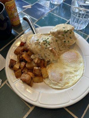 Two eggs w/biscuits & gravy and homemade potatoes