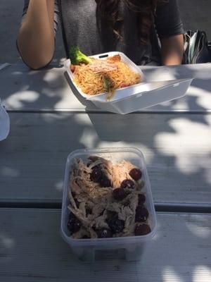 I forgot a fork & Rice Bowl didn't give her one either so here we are, at the park, eating w/our fingers! ;) Makes it fun, I guess!! Haha.