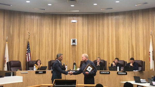 Owner Greg Halvorsen receiving the "Civic Award" from The City of Redondo Beach.