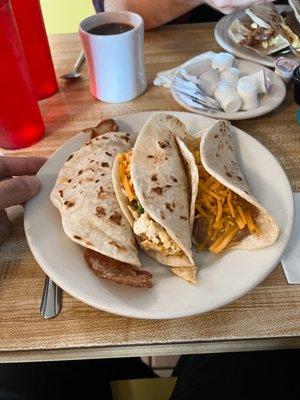 Bacon and Egg, Migas Con Todo, and Bean and Cheese