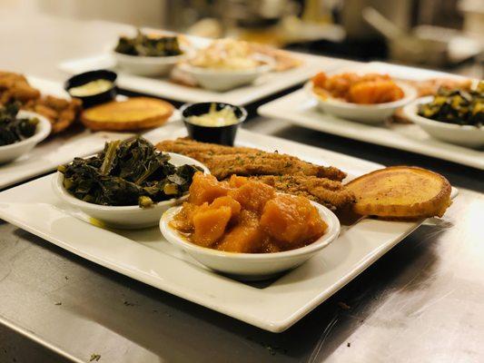 Freshly Battered & Fried Catfish, Fresh Greens & Yams, Hot Water Cornbread.