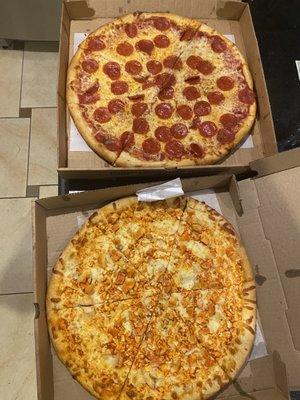 Pepperoni pizza large and a medium Buffalo Chicken Pizza