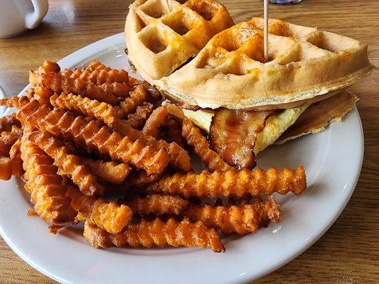 breakfast sandwich with waffles instead of bread. Yes please!