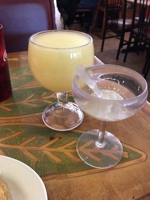 Front: regular margarita, no salt. Back: Medium margarita. The difference in size is worth the cost.