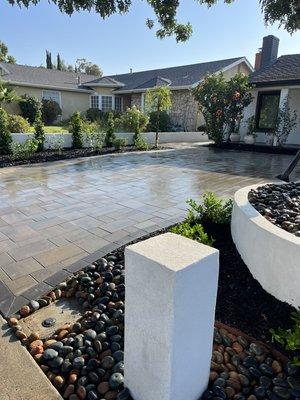 New Paver Driveway, Custom Hardscape Planters, Landscape, Lighting, Mexican Beach Pebble Rock