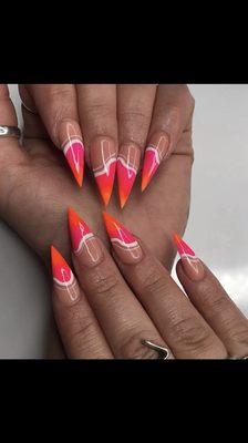 Stiletto Après Gel x orange to pink ombré & line work