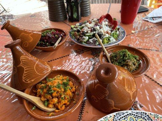 Salad, organic beets salad, organic carrots, and Moroccan eggplant.