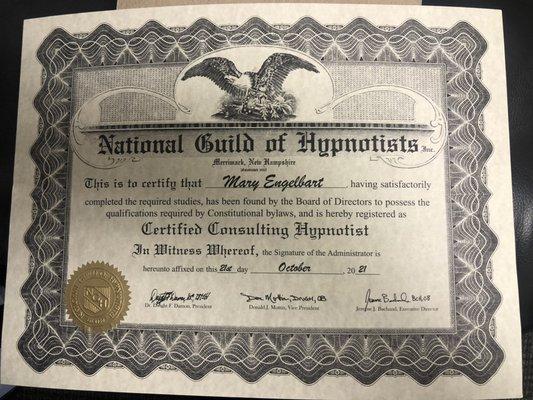 My hypnosis certificate