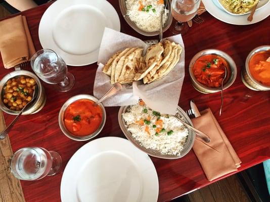 Chicken tikka, chaat, rice, naan, Chana masala! Yum! So spicy and delicious.