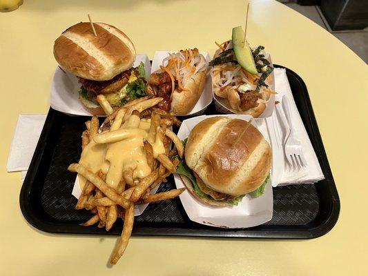 Left to Right  : BBQ Lechon Burger  & Dog,  Tokyo Dog , Cheese Fries , & Hawaiian Burger