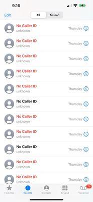 Screenshot of multiple harassing calls.