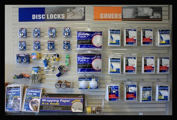 We have a variety of packing supplies ...boxes, tape, gloves, locks, covers and more!