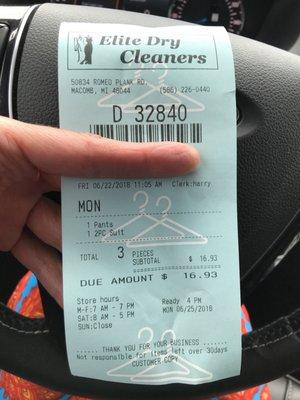 Convenient, well documented receipt. I appreciate small things like this. 2 pants, 1 suit $16.93