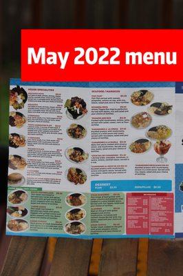 menu as of May 2022