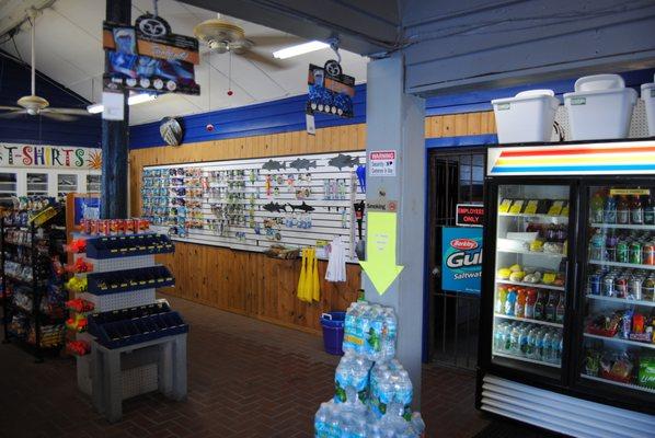 We carry tackle, water, soda, beer, ice and live and frozen bait.