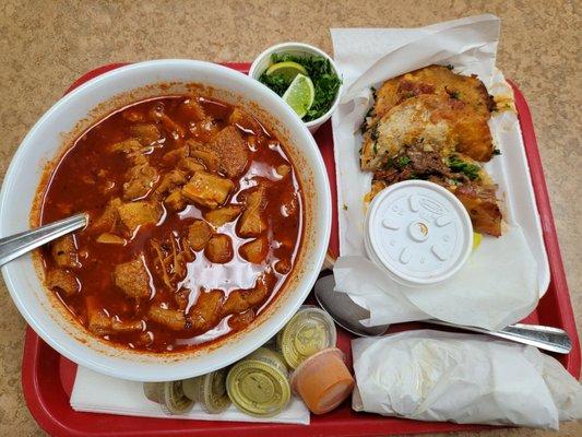 Mendo soup and 3 queso birria tacos