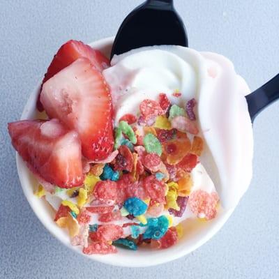 Original tart and pink lemonade sorbet swirl with fruity pebbles and strawberries