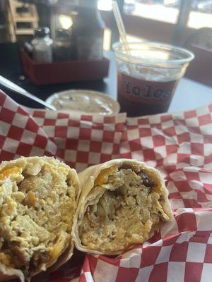 Palo Duro Breakfast Burrito with a side of sausage gravy and cold brew coffee