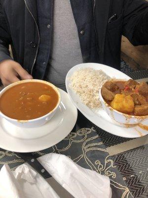 Carne Guisada (beef stew) with white rice and beans