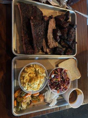 Brisket, pork belly burnt ends, ribs, jalapeño coleslaw and cornbread casserole.