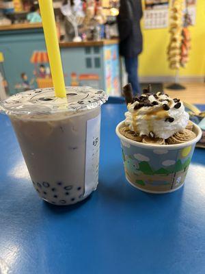 Morning Lovers Rolled Ice Cream & Lavender boba Milk Tea w/ Blueberry Popping Pearls !