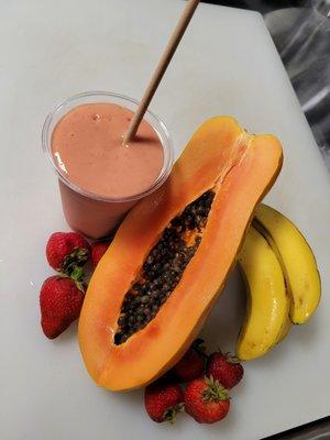 Papaya, strawberry, banana smoothie with almond milk and agave