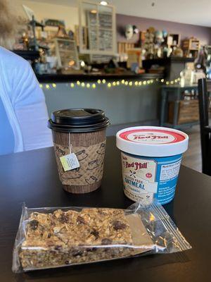 Granola bar, oatmeal, and green Hot Tea