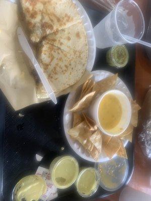 Beef Quesadilla, Chip and Queso