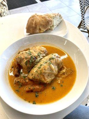 Vegan stuffed cabbage and homemade bread.