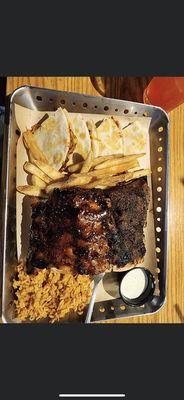 Fried rice, House BBQ Half Order Ribs, fries and Brisket Quesadillas